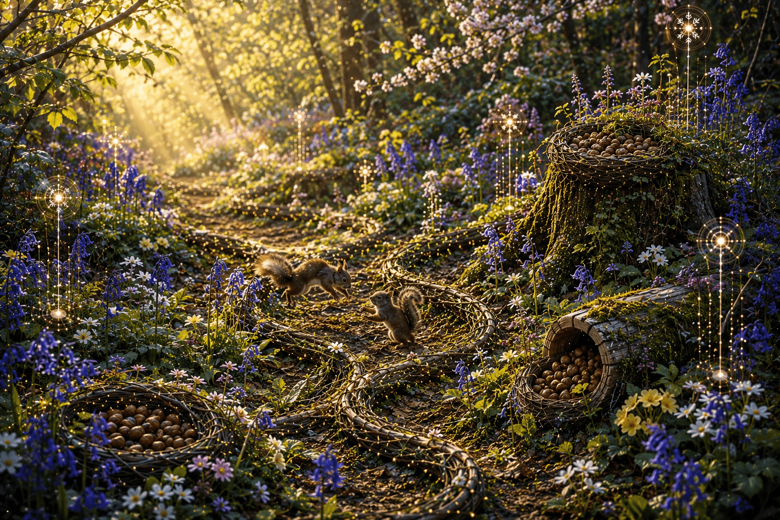 An Electric Garden woodland path with light, flowers and gathered resources.