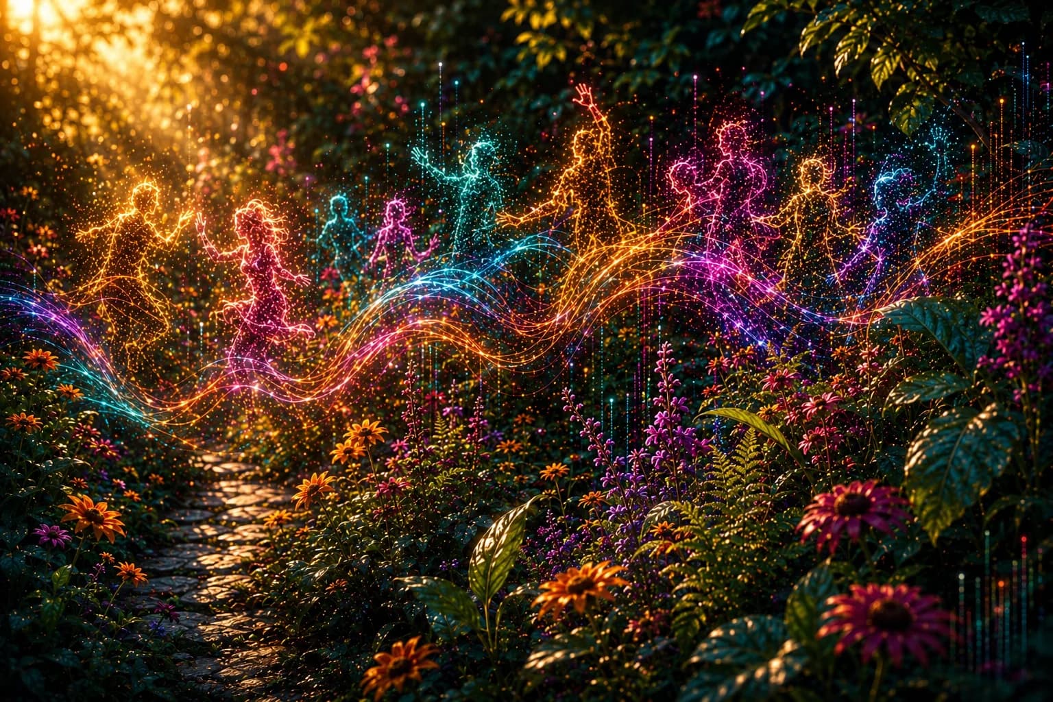 Glowing figures following colourful routes through an Electric Garden.