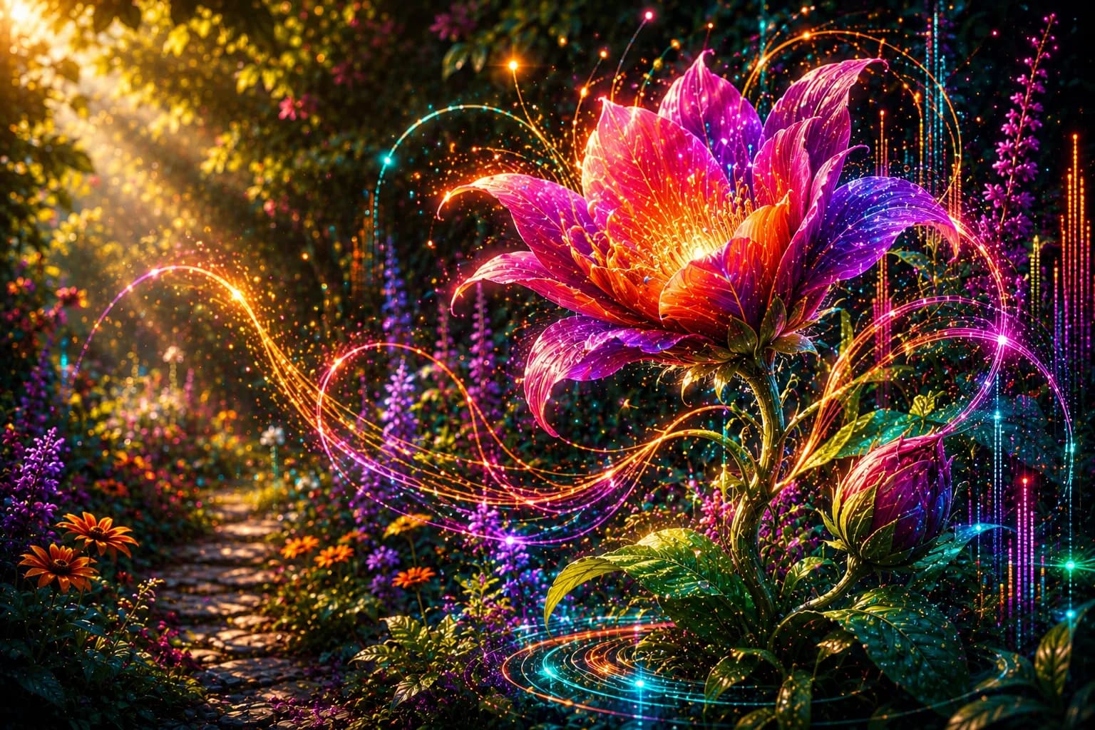 A vivid Electric Garden flower with glowing light trails beside a garden path.