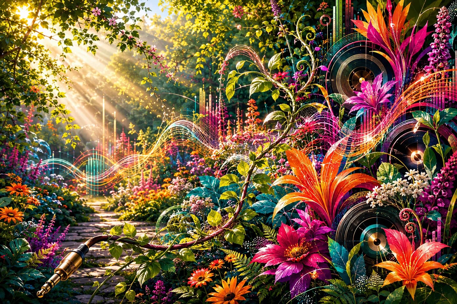 A vivid Electric Garden where wildflowers, vines and soundwaves grow together in sunlight.