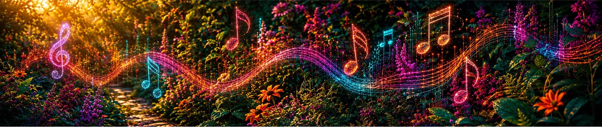 A wide Electric Garden music banner with glowing notes and soundwaves moving through flowers and leaves.