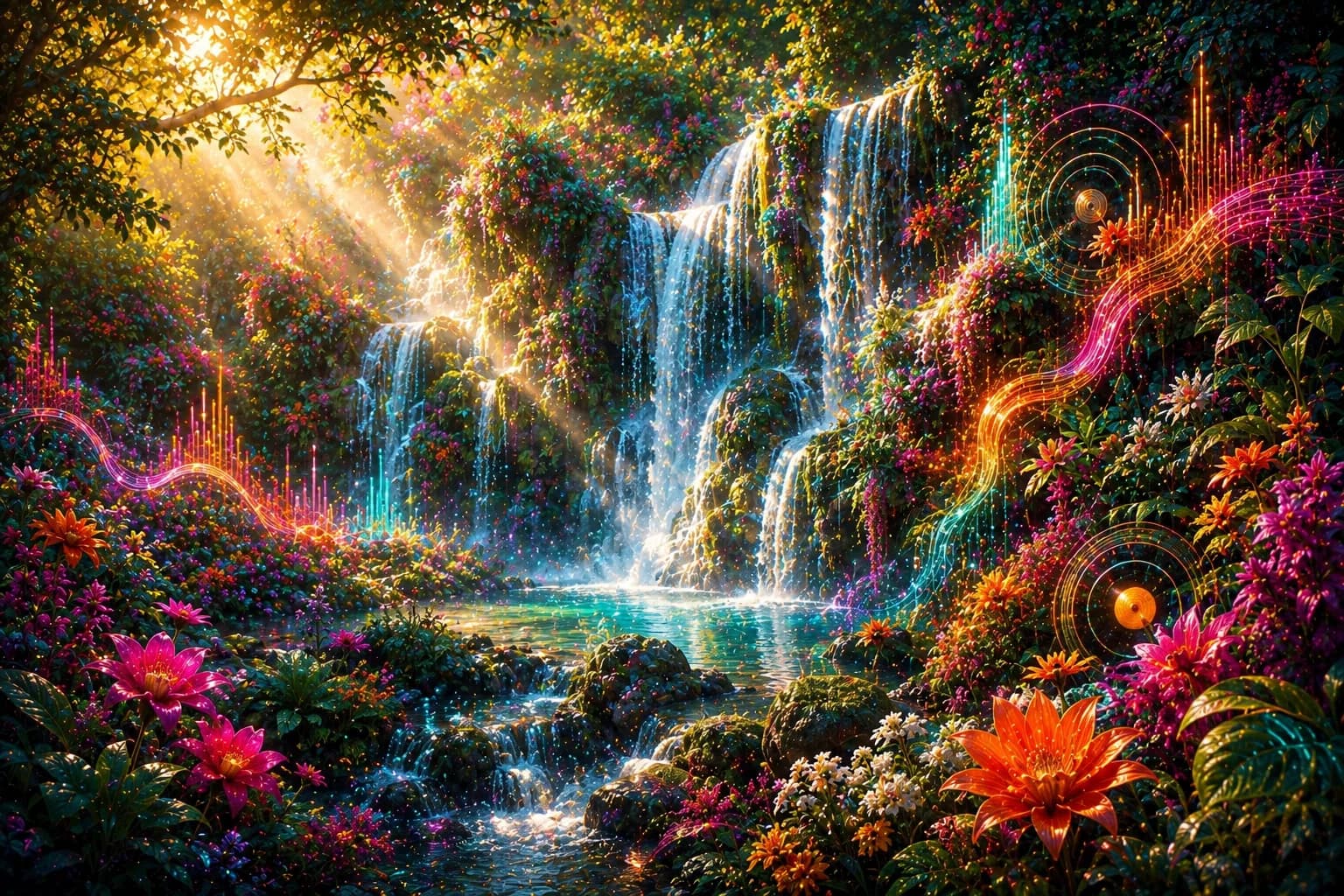 An Electric Garden waterfall surrounded by vivid flowers, soundwaves and streams of colour.
