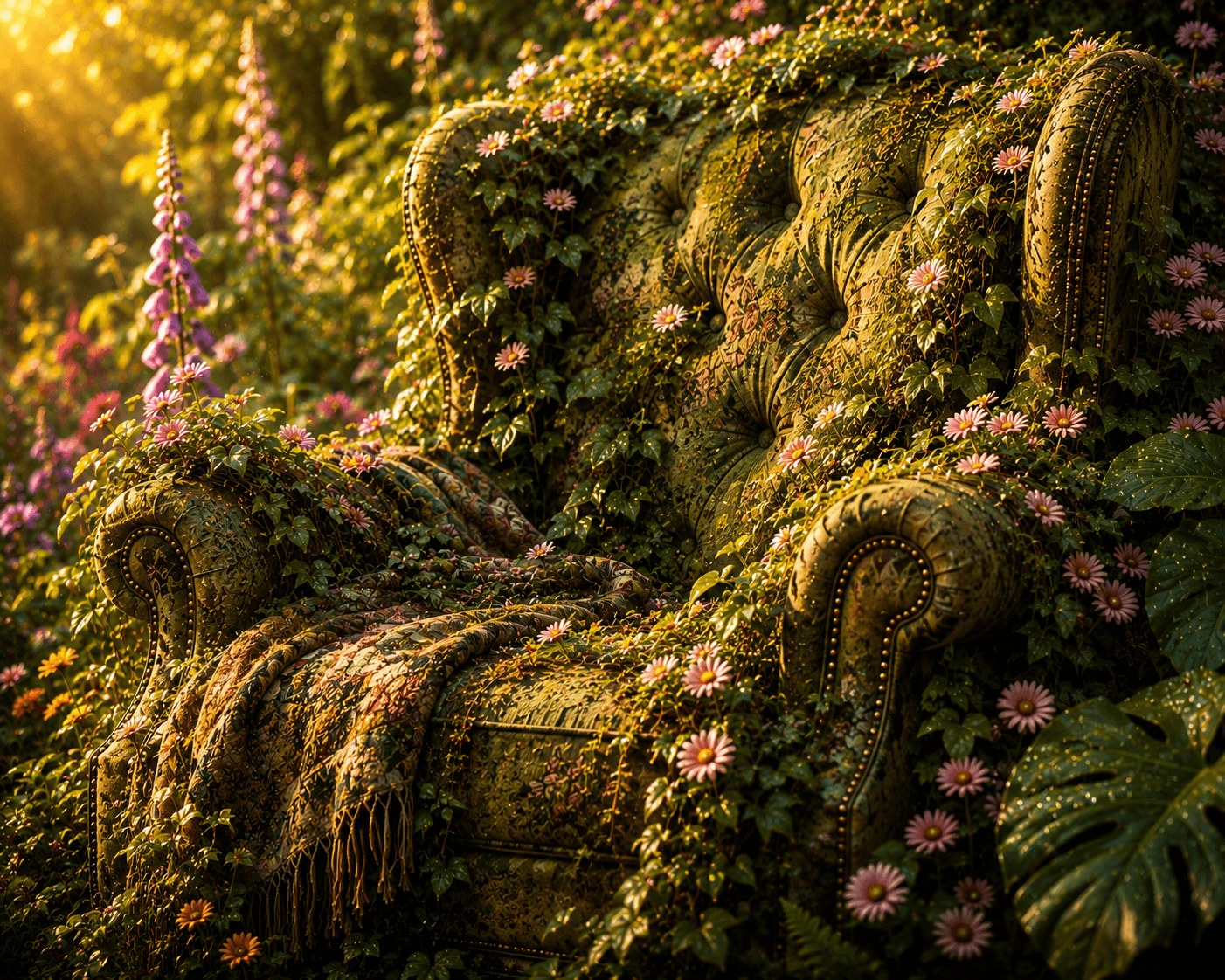 An inviting armchair covered in flowers and greenery in a sunlit garden.
