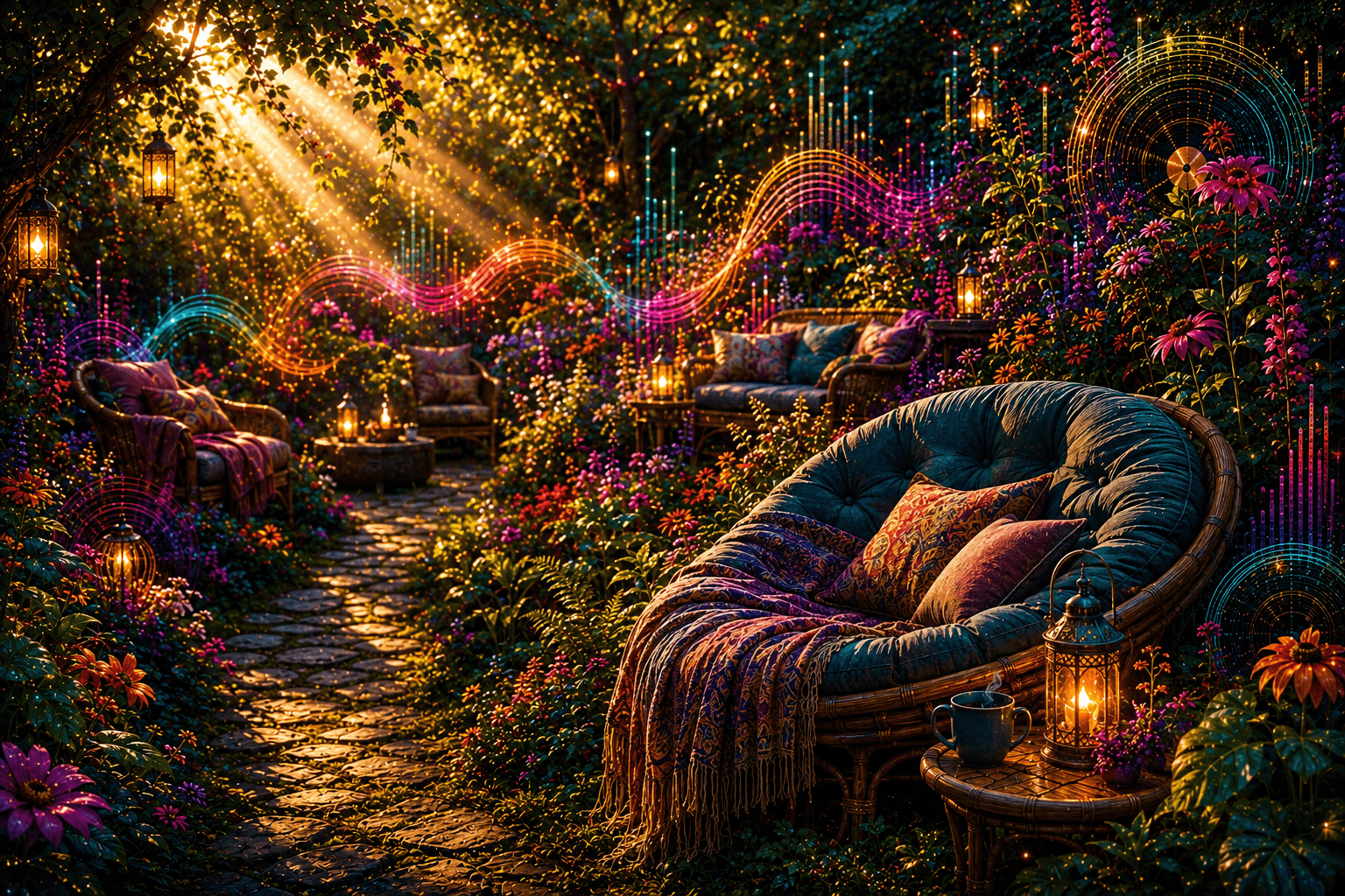 A peaceful Electric Garden waiting area with chairs, lanterns, flowers and flowing soundwaves.