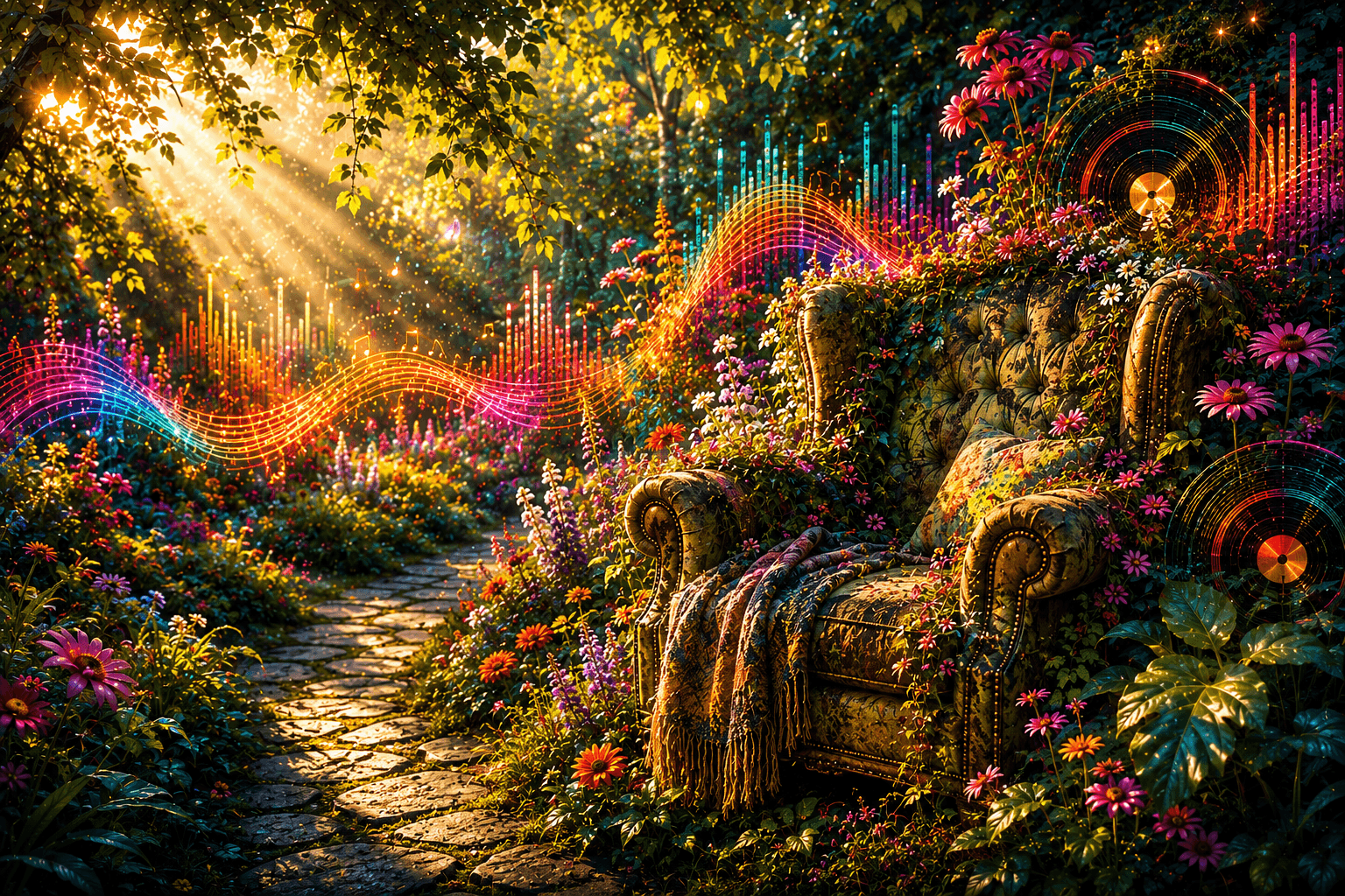 A sunlit Electric Garden path with a mossy armchair, flowers and flowing music.