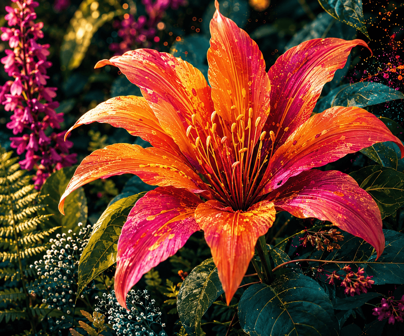 A vivid orange and pink Electric Garden flower blooming among deep green leaves.