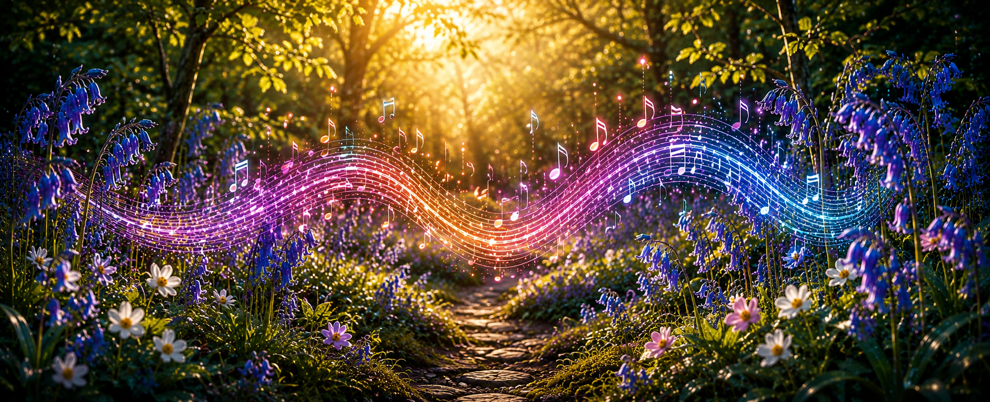 An Electric Garden path with glowing music notes moving through bluebells and wildflowers.